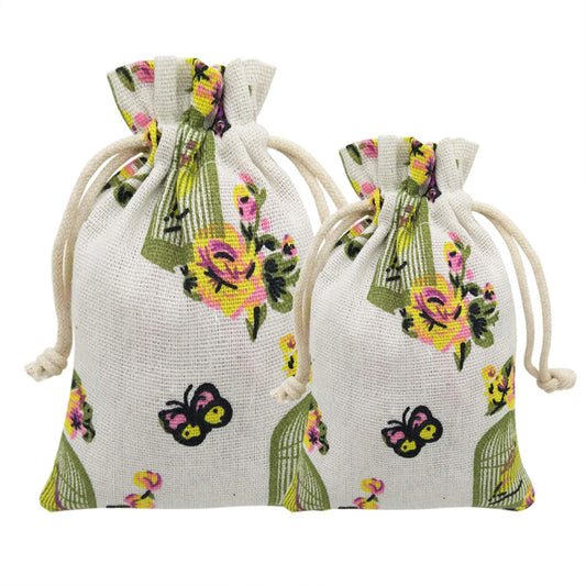 Linen Drawstring Bags Birdcage Pattern - 3 Sizes