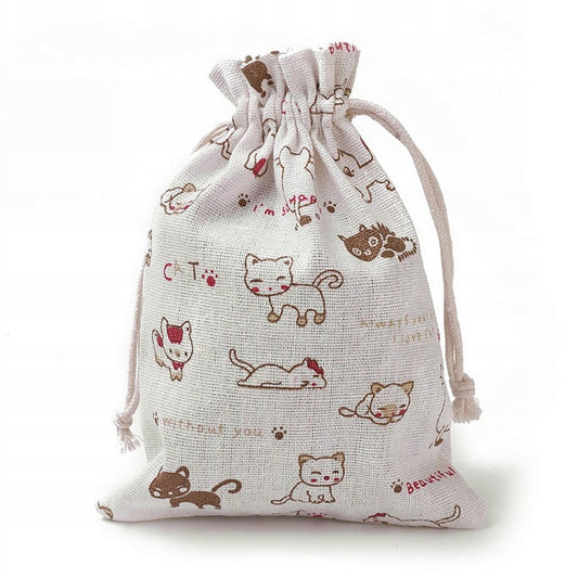 Linen Drawstring Bags Cartoon Cat Pattern - 3 Sizes