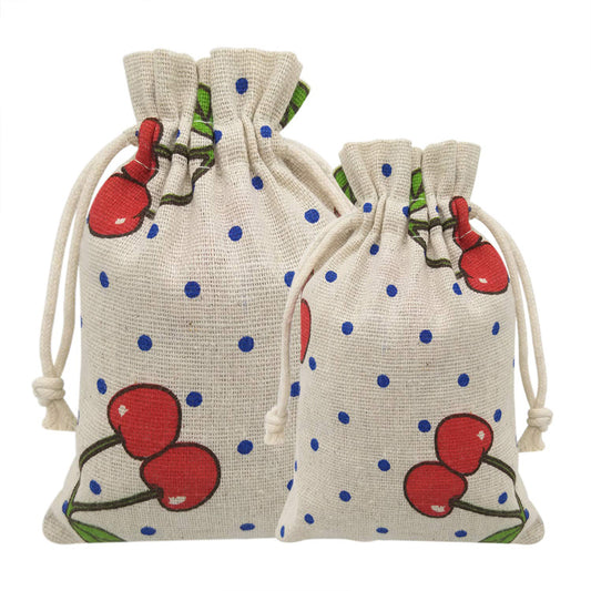 Linen Drawstring Bags Cherry Pattern - 3 Sizes