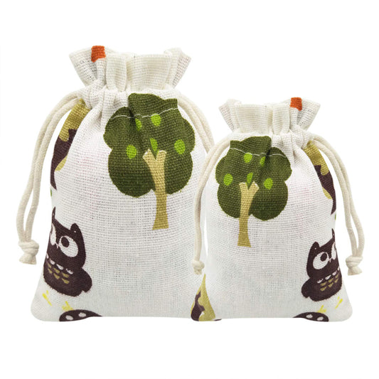 Linen Drawstring Bags Owl Pattern - 3 Sizes