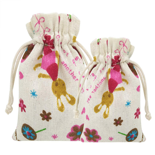 Linen Drawstring Bags Rabbit and Flower Pattern - 3 Sizes