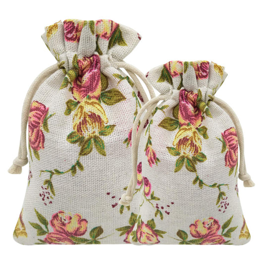 Linen Drawstring Bags Rose Pattern - 3 Sizes