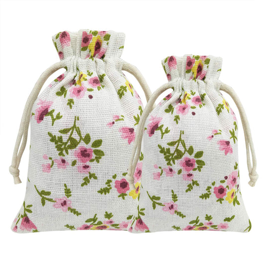 Linen Drawstring Bags Small Flower Pattern - 3 Sizes