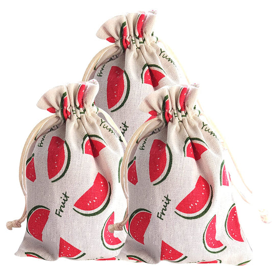 Linen Drawstring Bags Watermelon Pattern - 3 Sizes