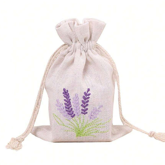 Linen Drawstring Bags with Lavender Embroidery