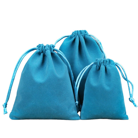 Single Sided Lake Blue Velvet Drawstring Bags - 5 Sizes